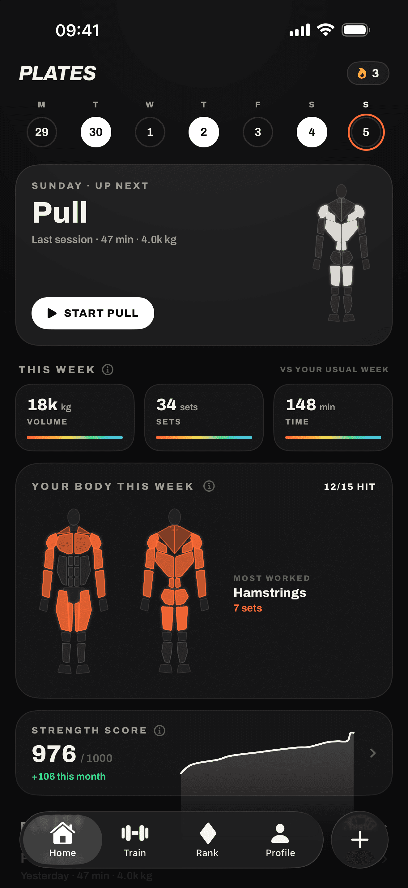PLATES home screen showing rank, muscle heatmap and recent lifts